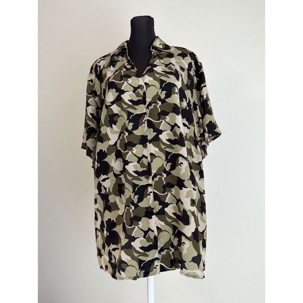 Style & Co 18W 100% Silk Floral Camo Blouse Olive Black Button Front Shirt